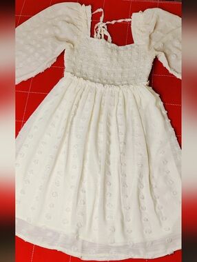 FEHRNVI Cream Swiss Dot Smocked Midi Dress Puff Sleeve Boho Cottagecore Small